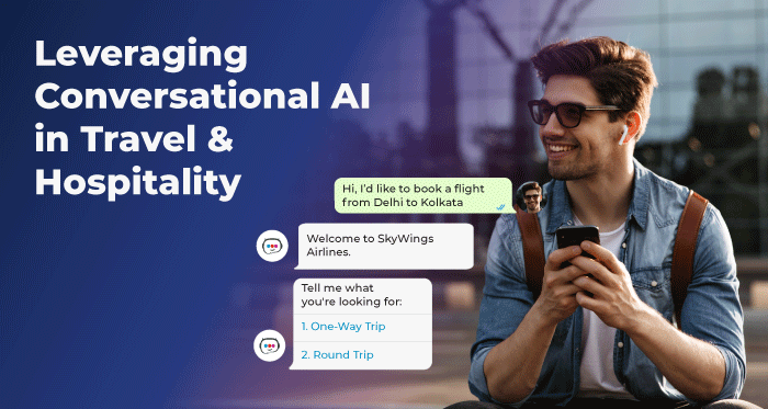 Image illustrating how conversational AI operates in the travel and hospitality space, streamlining the flight booking process.