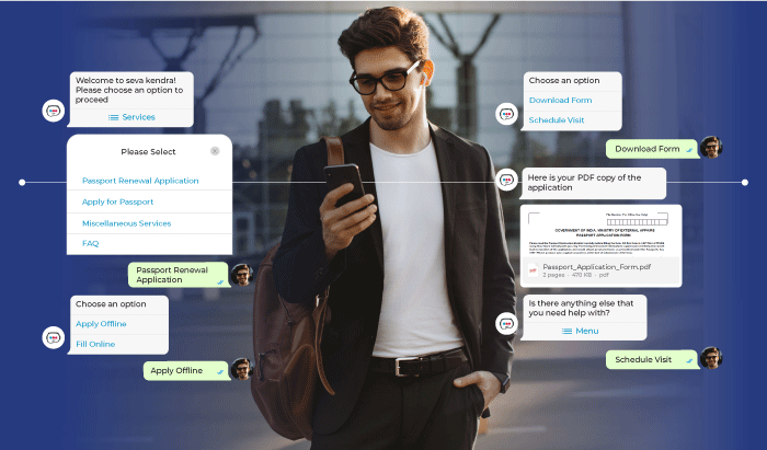 Image showcasing how Conversational AI handles millions of customer queries, offering multiple options such as passport renewal, passport application, and miscellaneous services, while enhancing customer satisfaction and simplifying communication.