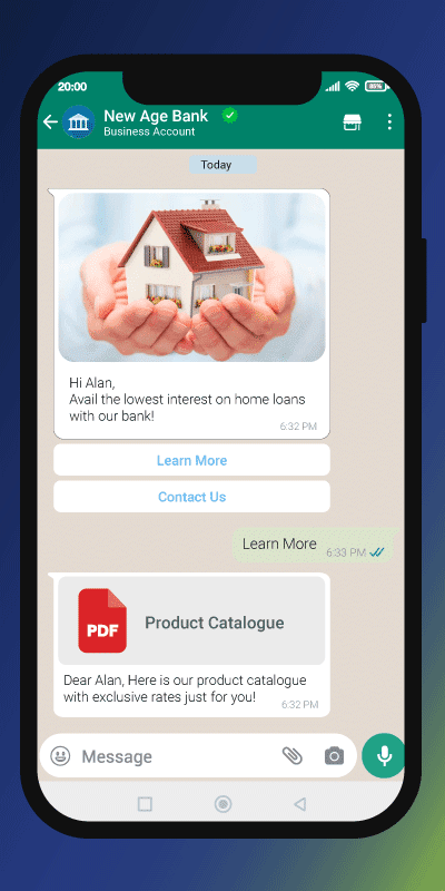 A snapshot a phone showcasing how banking industry leverages WhatsApp flows to their benefit